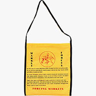 <em>Forcing Markets (front)</em>, 2007, 28"x14", Silkscreen on bags of handwoven cotton cloth
